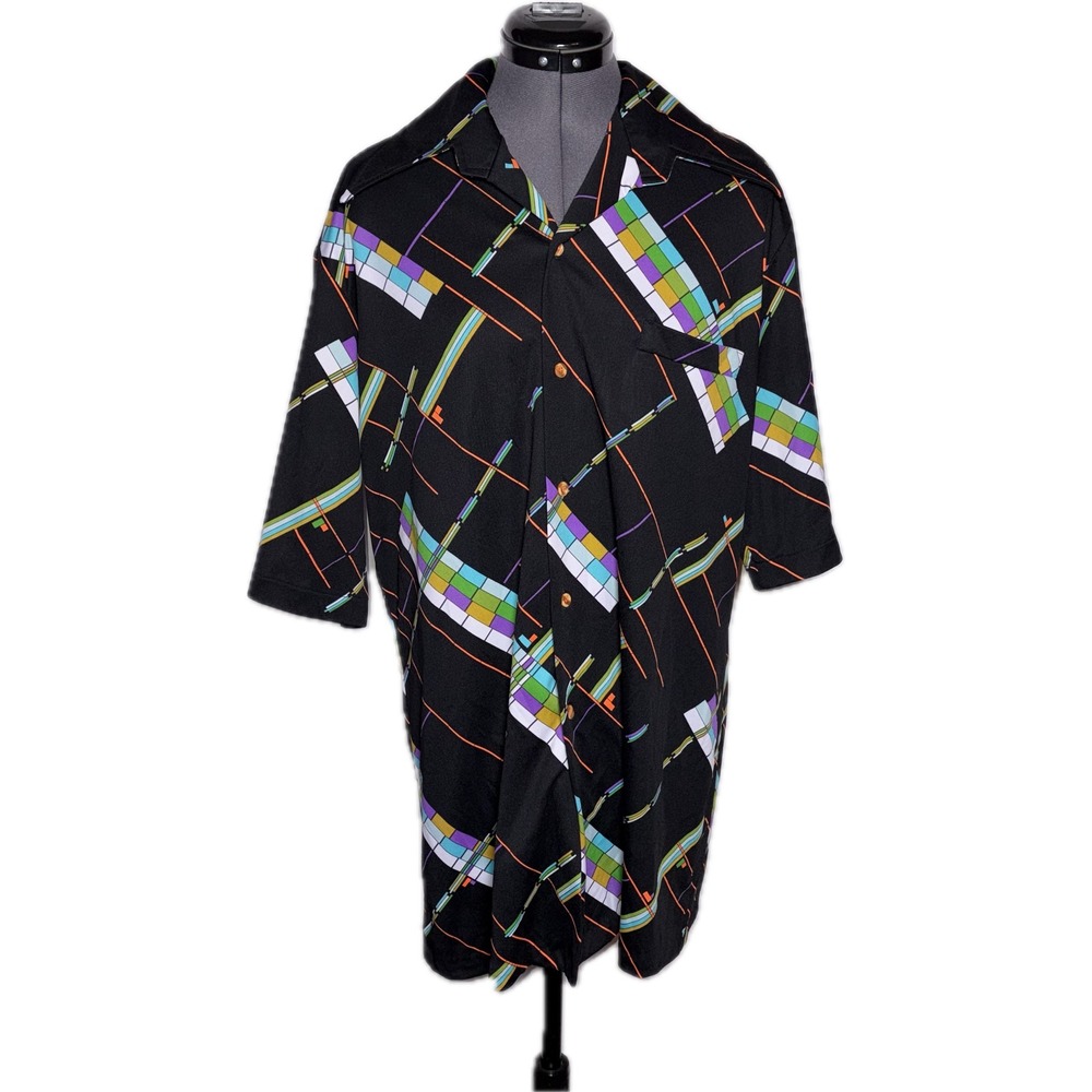 Touch of Class 70s Disco Geometric Abstract Black Shirt 46 Chest XL